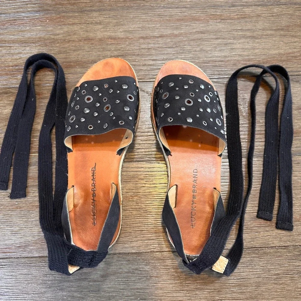 Lucky Brand Daytah 2 Black Leather Studded‎ Ankle Tie Espadrille Sandals 6M